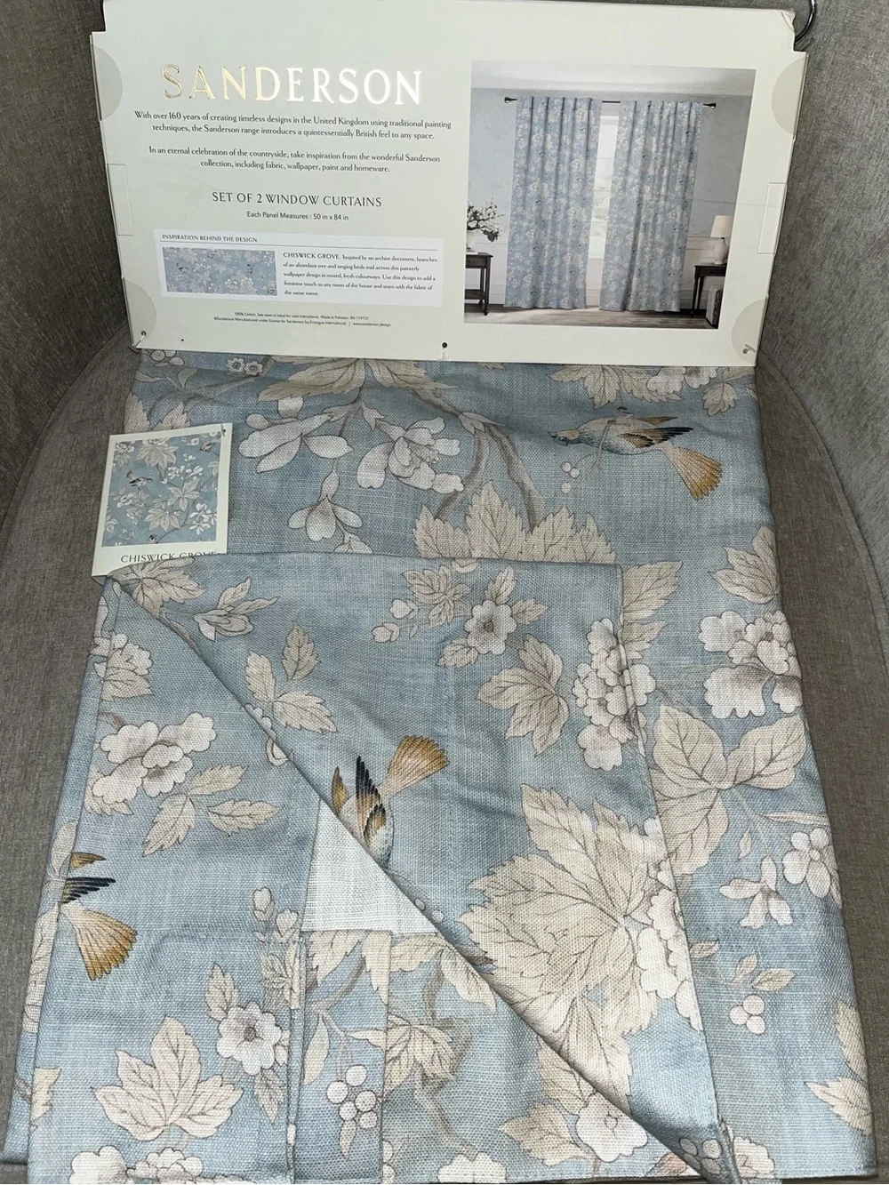 NWT Sanderson Chiswick Grove Floral Bird design Drapes 2 Panels Size 50